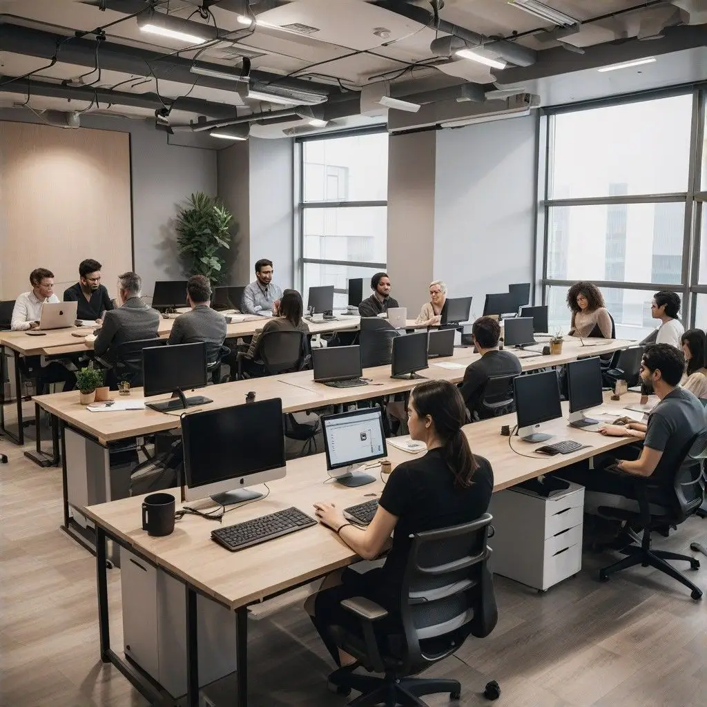 dme-teck |  Équipe de travail en open space échangeant et analysant des données sur des ordinateurs dans une ambiance collaborative.