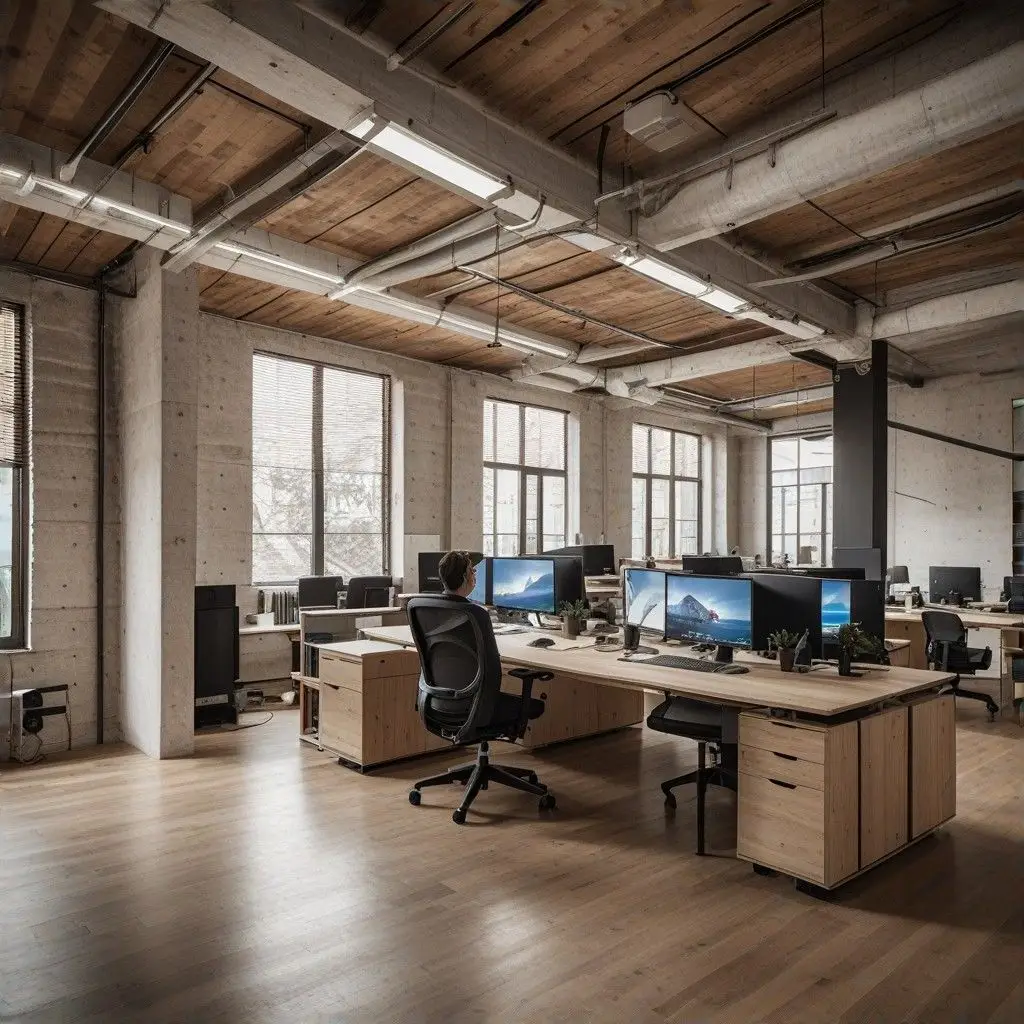 dme-teck | Bureau moderne et spacieux avec plusieurs postes de travail et écrans d'ordinateur.