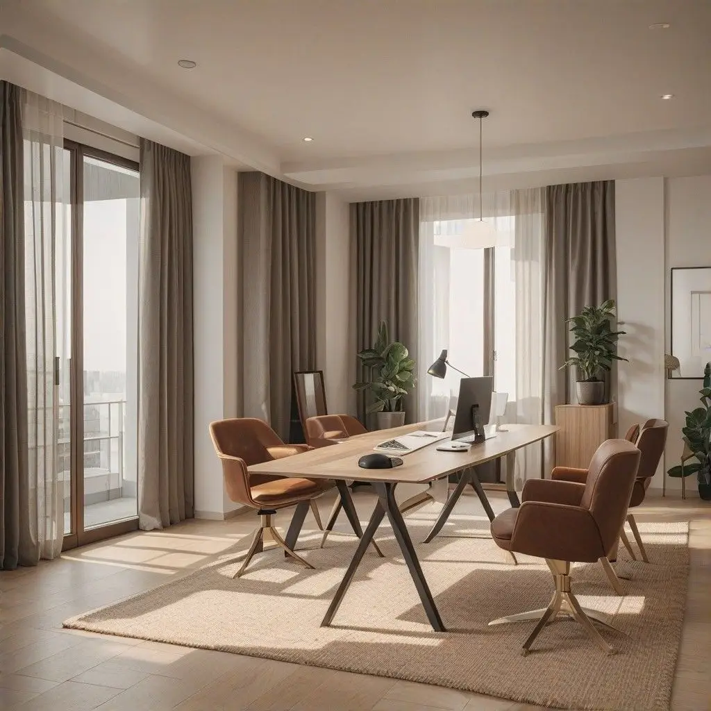 dme-teck | Salle de réunion lumineuse avec une grande table, des chaises confortables et un écran.