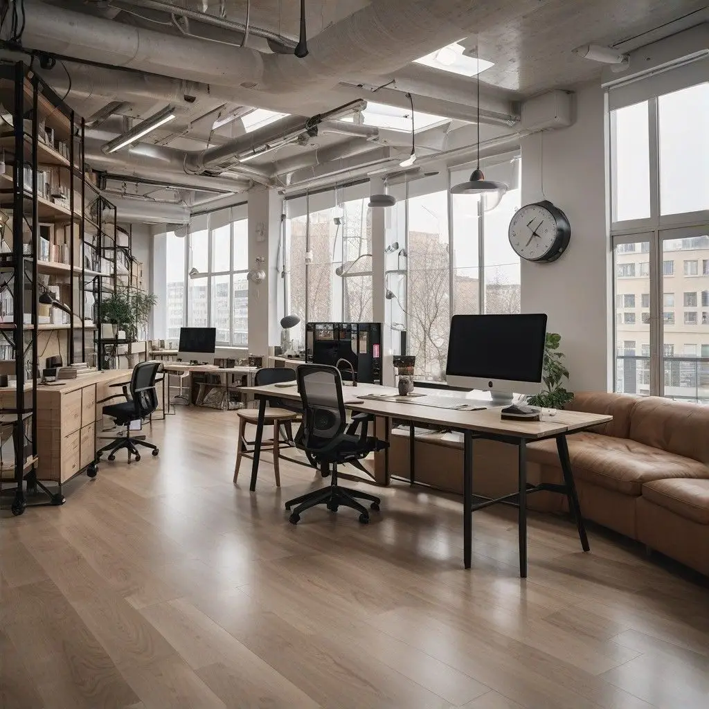 dme-teck | Bureau moderne et élégant avec de grands bureaux, des ordinateurs, des étagères et un canapé en cuir, baigné de lumière naturelle. 